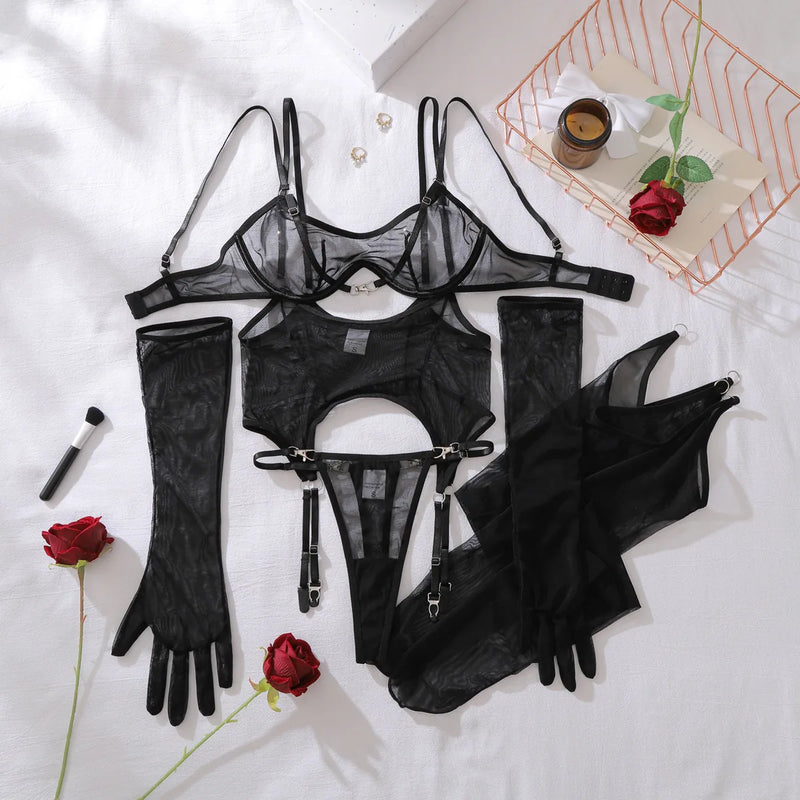Sexy Mesh Breathable Lingerie Stockings Women's Shaping Ultra-thin Split Underwear Set Female Solid See Through Bra & Brief Sets