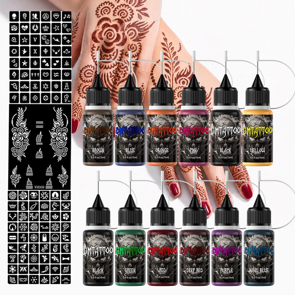 Temporary Tattoo Inks With 3Tattoo Stickers Stencil Kit Freehand Painting Gel for Makeup Trend Party Tattoos For Hand & Body Art