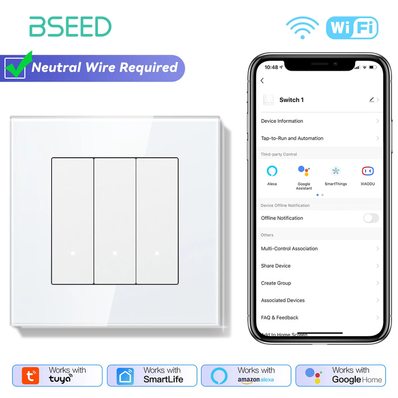 BSEED WIFI Light Switch 1/2/3/4Gang 2Way Smart Click Button Switch Glass Panel White LED Indicator Tuya Smart Life Alexa Control