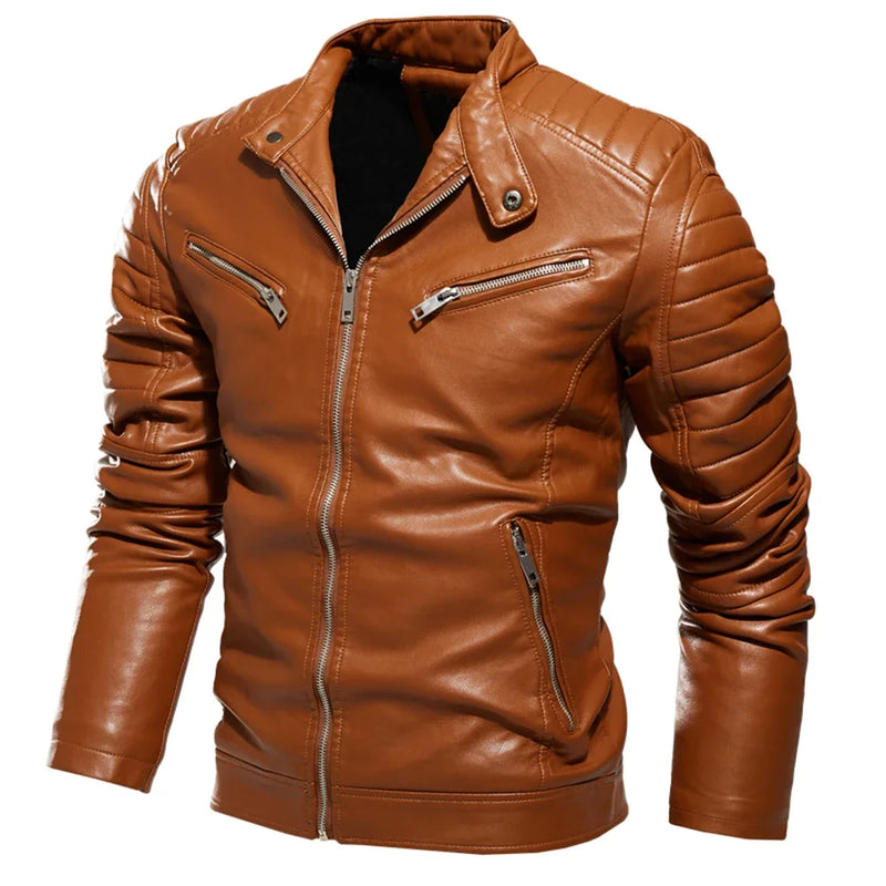 2025 Winter Black Leather Jacket Men Fur Lined Warm Motorcycle Jacket Slim Street Fashion BLack Biker Coat Pleated Design Zipper