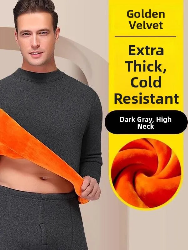 Thickened Fleece Warm Underwear Set Men's Pure Cotton Half High Collar Cotton Sweater Middle Aged Gold Velvet Autumn Clothes