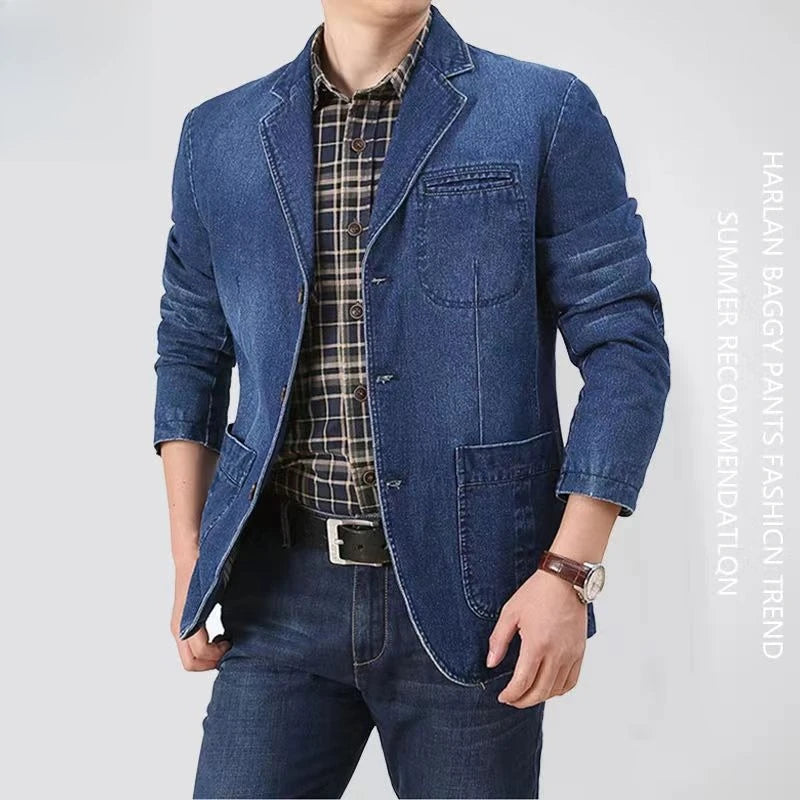 2026 Casual Suit Pure Cotton Denim Jacket Men's Spring-Autumn Mid-Age Loose Business Casual