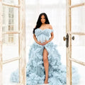 Maternity Dresses for Photoshoot Ruffles Tulle Pregnant Photo Gowns Baby Shower Off Shoulder Front Slit Bridal Sleepwear Robe