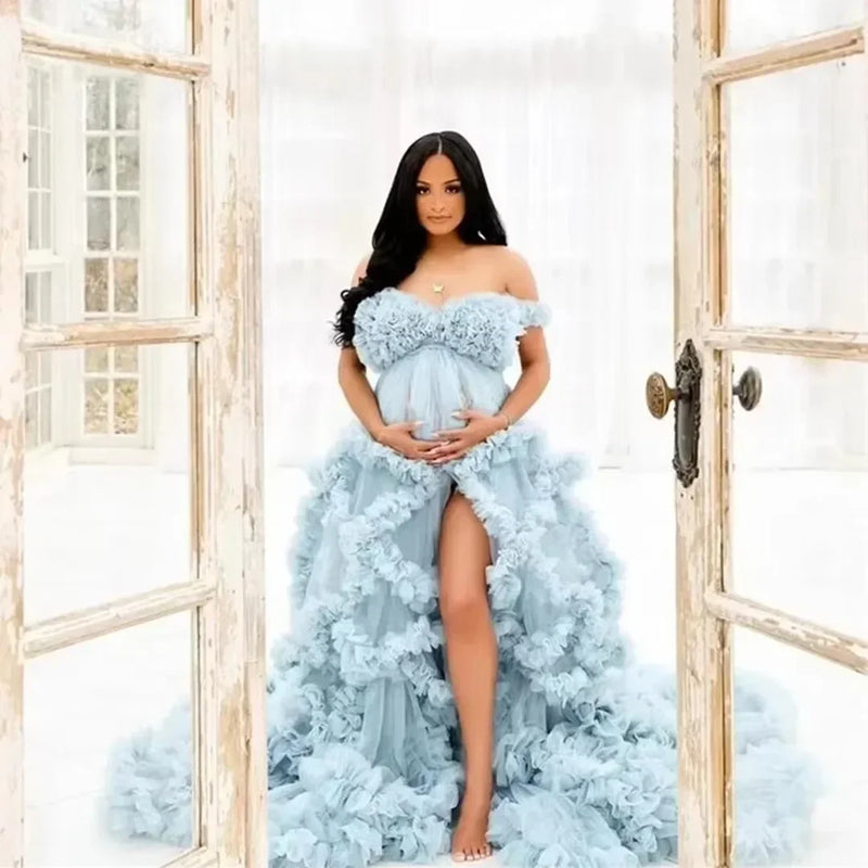Maternity Dresses for Photoshoot Ruffles Tulle Pregnant Photo Gowns Baby Shower Off Shoulder Front Slit Bridal Sleepwear Robe