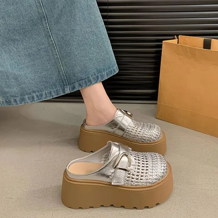 2026 Women's Chunky Platform Mules, Round Toe Hollow Slip-on Sandals, Retro Lug Sole Comfortable Height Boosting Shoes