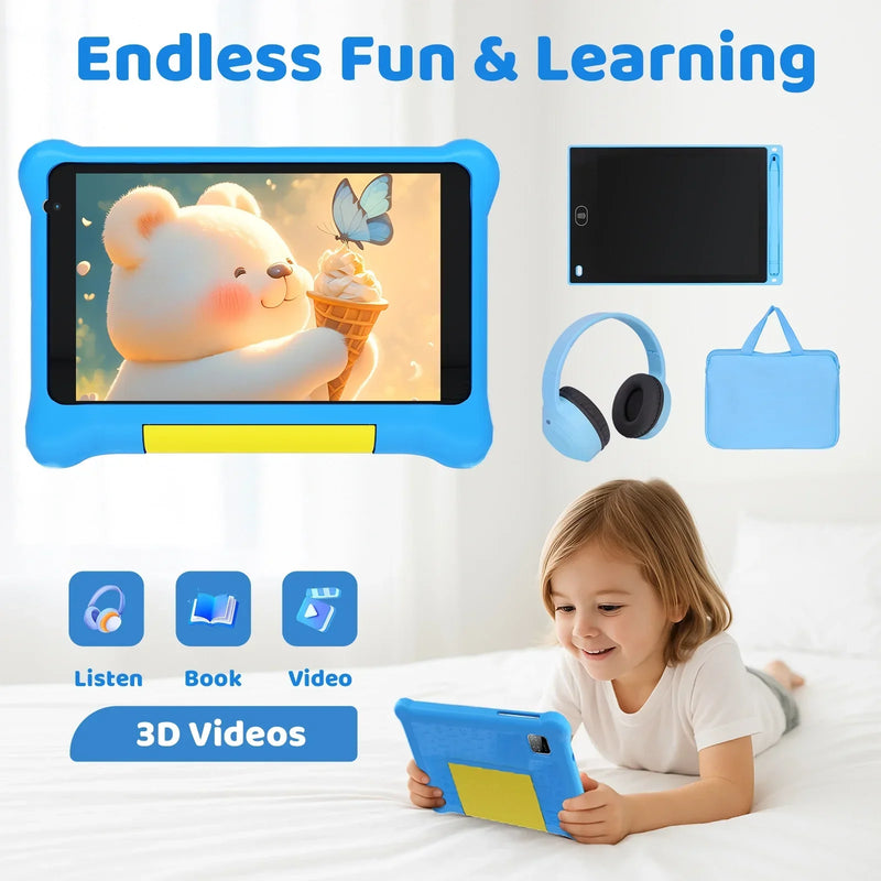 URAO 7 Inch Kids Learning Tablet Bundle Writing Board Drawing Tablet Headphones Stylus Bag Parental Controls Android13 5GB+32GB
