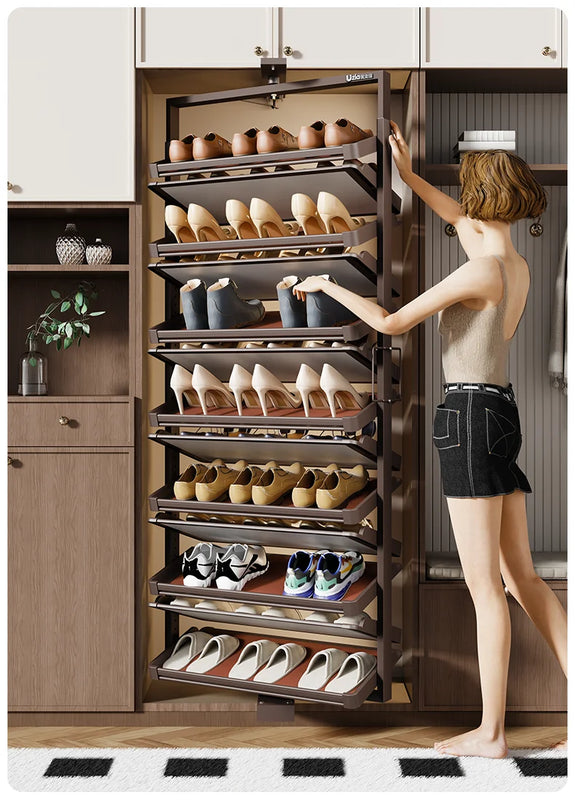 Built-in Height Adjustable Shoe Cabinet Closet Space Saving 360° Rotating Shoe Rack, Multi-layer Shoe Holder Storage Organizer