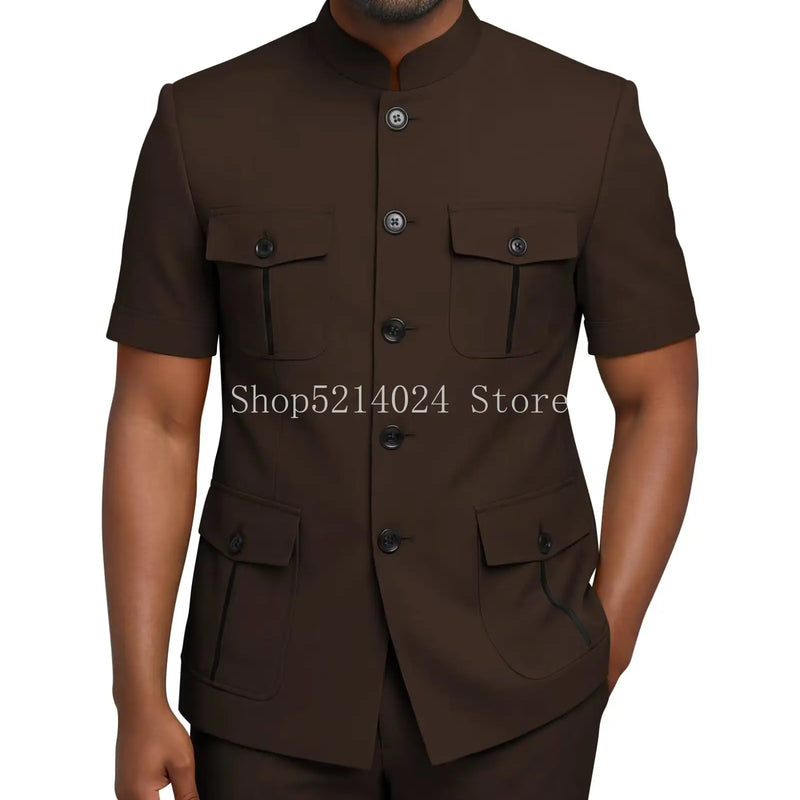 Mens Safari Suit 2 Piece Short Sleeve Suits for Men Regular Fit Stand Collar Suit African Clothes