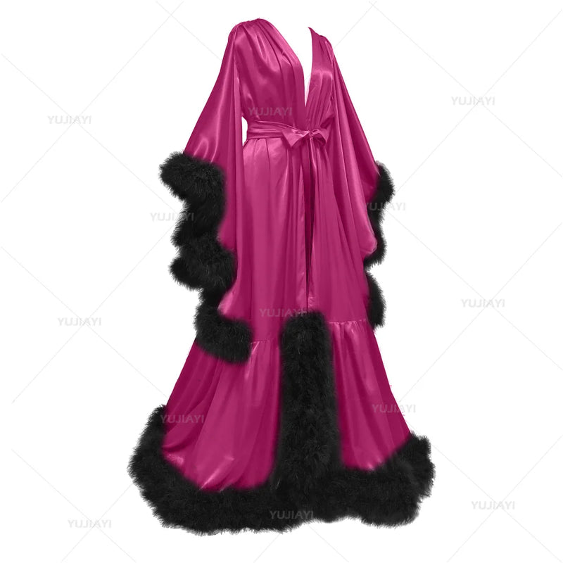 Bathrobe for Women Flare Sleeves Feather Bridal Robe Nightgown Silk Illusion Long Wedding Scarf Dressing Gown Photography Dress