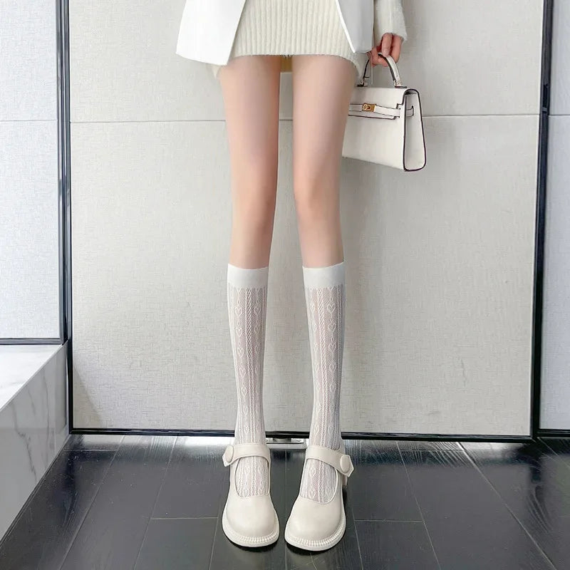 Lace Flower Print Long Socks Lingerie Sexy Floral Mesh High Knee Sock Women Summer Thin Transparent Lolita Kawaii Calf Stockings