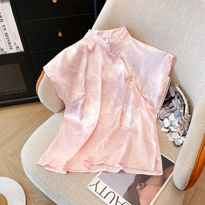 Summer Pink Chinese Style Blouse Floral Print Satin | SAMAG
