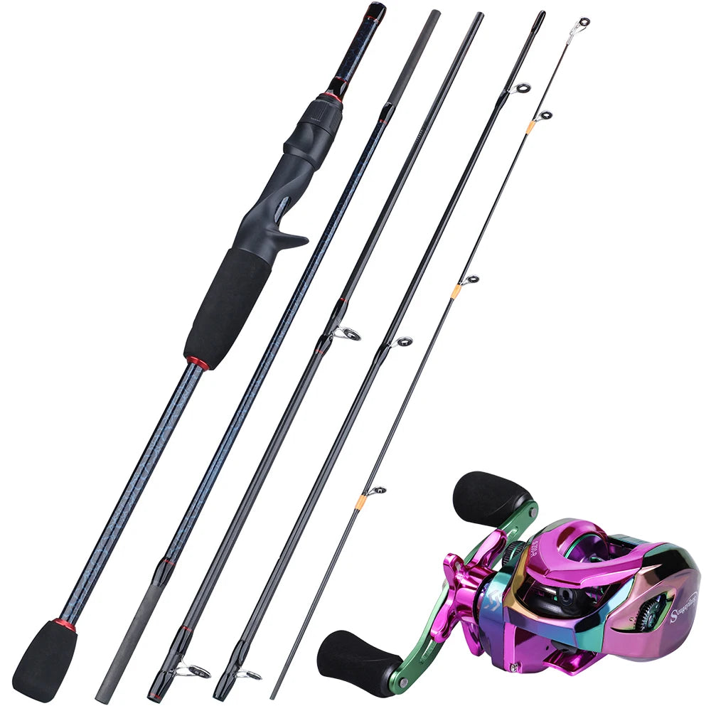Sougayilang Fishing Rods and Reels 5 Section Carbon Rod Baitcasting Reel Travel Fishing Rod Set with Full Kits Carrier Bag