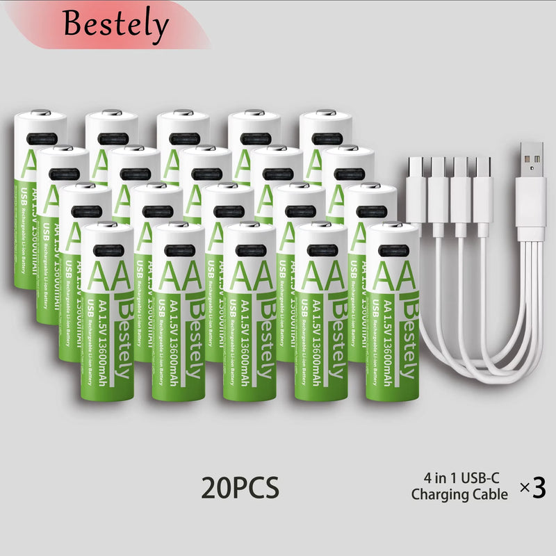 Bestely 1.5V 13600mAh USB AA Lithium Ion Rechargeable Battery, Fast Charging Li-ion Akku, 2000 Cycle with USB-C Port Cables