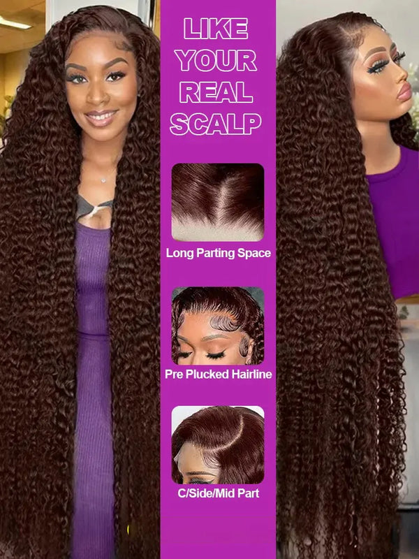 Chocolate Brown Deep Wave Frontal Wig Colored #4 Deep Curly Lace Front Human Hair Wigs Remy 13x4 HD Lace Frontal Wigs For Women