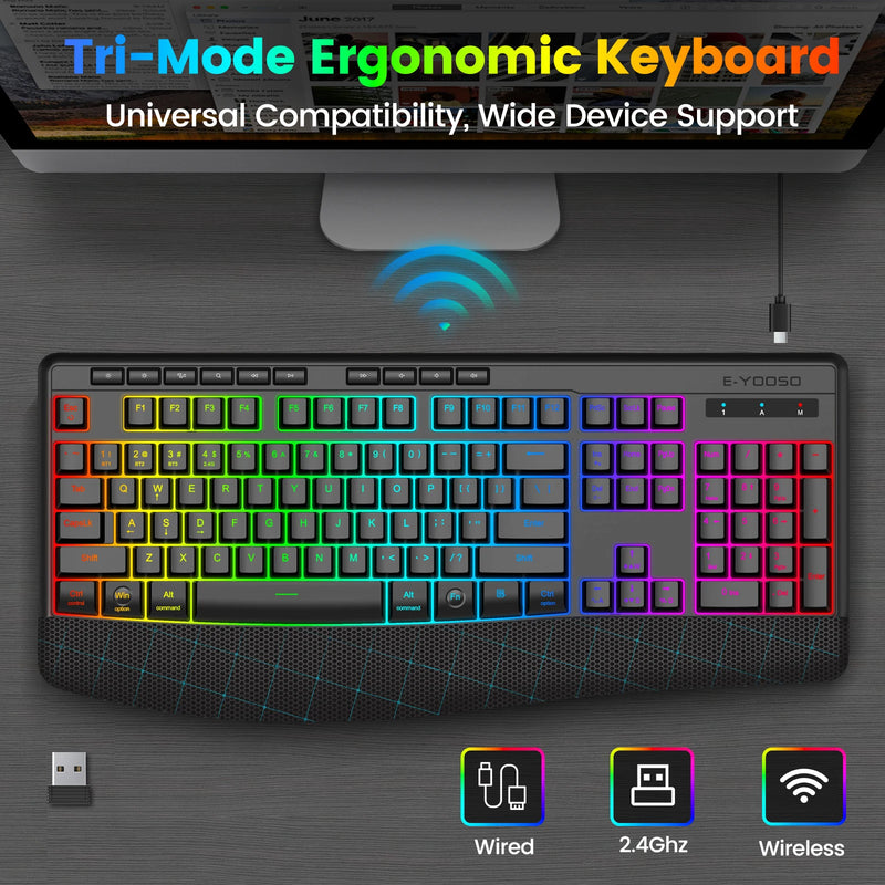 FocusOnPC K787 2.4G Tri-Mode Wireless Gaming Keyboard, 104 Keys RGB Backlit, Ergonomic USB-C Plug-and-Play Keyboard, 1900mAh Battery, Auto Sleep & Low Battery Alert, Silent Typing for Game
