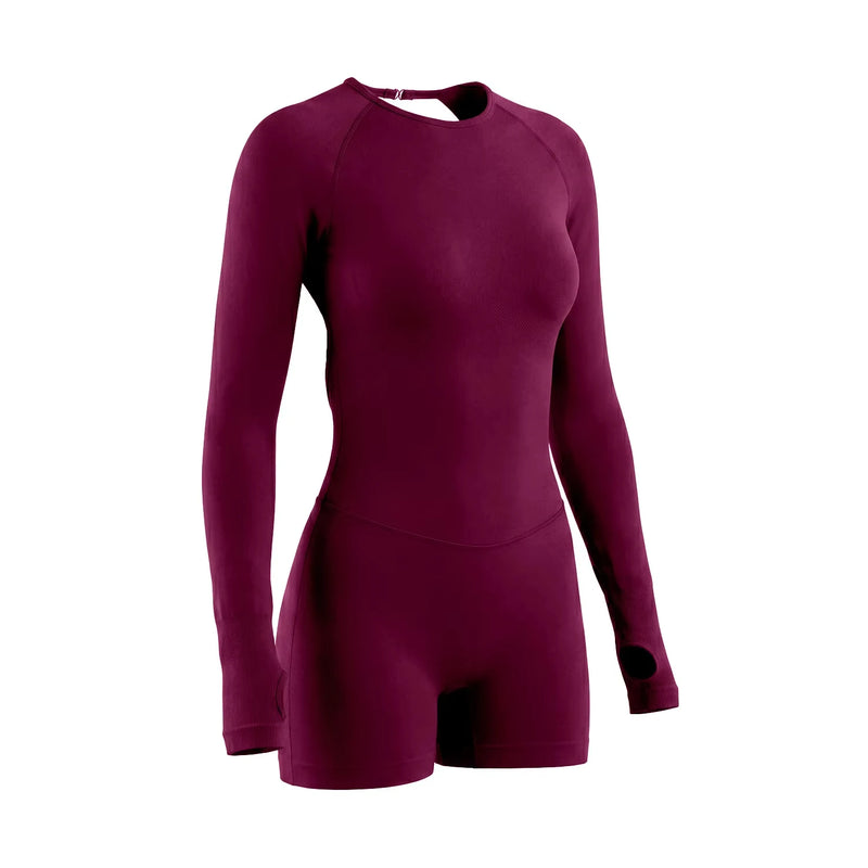 1 Piece Women Bodysuit Sportwear Backless Long Sleeve Short Leggings Seamless High Stretch for Yoga Run Gym Fitness Workout
