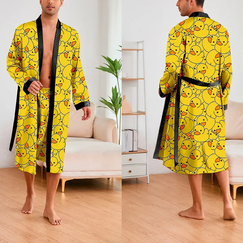 Men's Ice Silk Sleepwear Two-piece Set Kimono Bathrobe Gown Long Robe Pajamas Set Print Tiger Loose Casual Homewear Lounge Wear