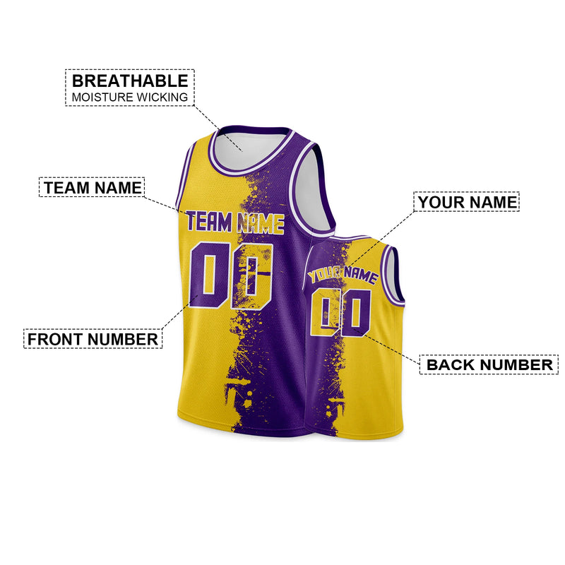 Custom Basketball Jersey Tank Top Printed Team Name & Number Logo for Adult Kid Youth, Personalized Gold Purple Basketball Shirt