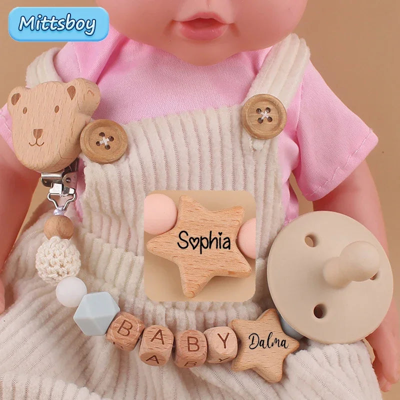 Free Custom Personalized Name Pacifier Clips Handmade Beech Wood Chain Silicone Crown Holder Soother Baby Teething Toy Chew Gift