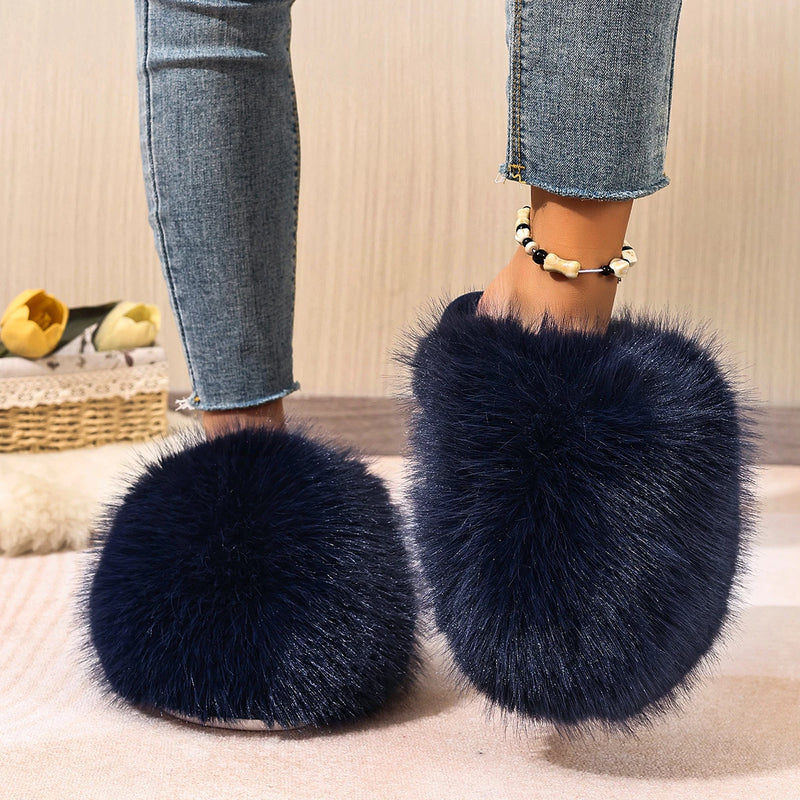 Women Indoor Slippers Winter Faux Fur Home Shoes Women 2025 New Soft Sole Fashion Warm Fluffy Slippers Solid Baotou Slides Women