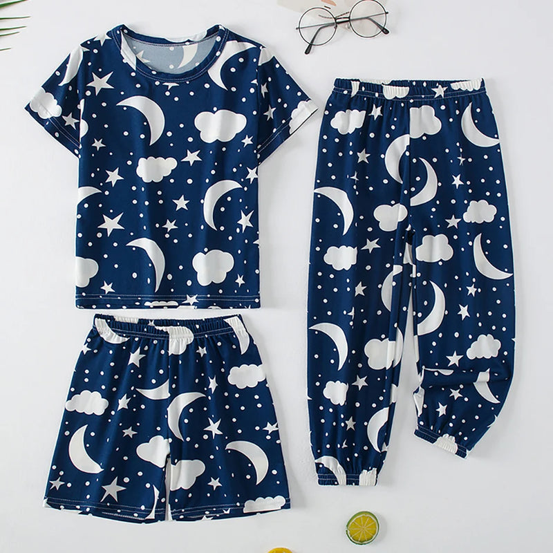 3-Piece Children's Fashion Printed Multicolor Home Service Suit Boy Casual T-shirt Girl Sweet Love Pattern Comfortable Shorts