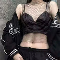 Summer Mesh See Through Vest for Women Sexy Shiny Rhinestone Fishnet Hollow Out Crop Top Beach Cover Up Party Club Tank Tops