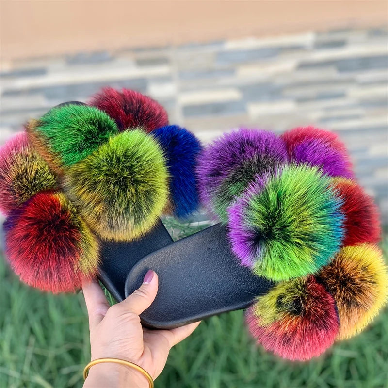Fur Slides Factory Supply Mixed Color Pom Pom Six Balls Fox Fur Multi-Color Fluffy Fur Slippers For Women