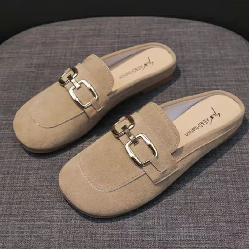 Women's New Spring Summer Style Plus Size Mules Soft Leather Soft Sole Flat Heel Closed Toe Half Slip On Outdoor