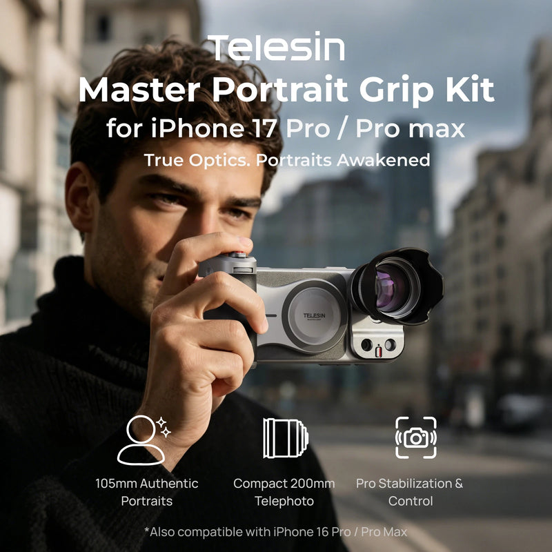 TELESIN Master Portrait Photography Kit for IPhone17 Pro / 17 Pro Max 105mm 200mm Telephoto Lens Camera Grip