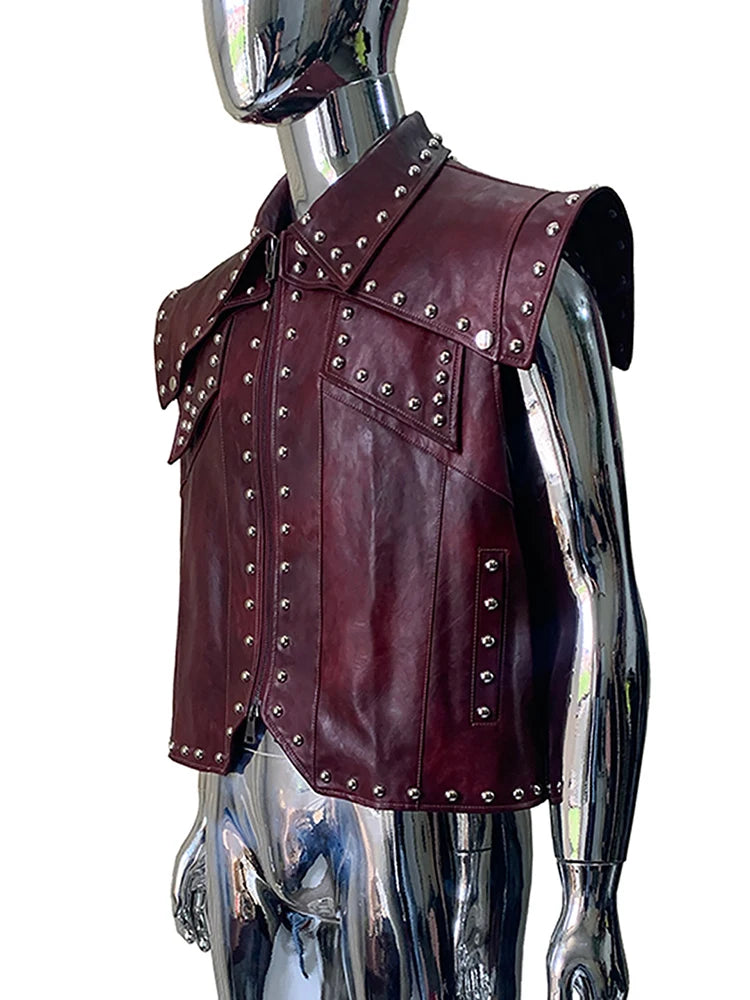 Nerazzurri Summer Autumn Short Distressed Vintage Studded Pu Leather Sleeveless Jacket Men Punk Style Menswear  Clothes Vest