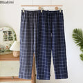 New 2026 Summer Men's Sleeper Pants 100% Cotton Crepe Pants Loose Thin Large Home Casual Checkered Home Pants Bottoms for Men