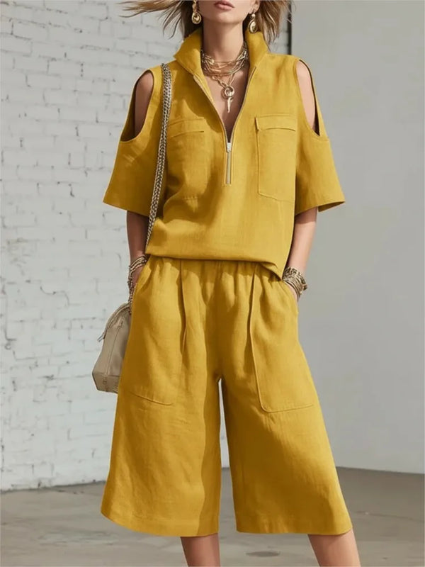 Women Fashion Zipper Stand Collar Hollow Short-sleeved Shirt Shorts 2-piece Set Summer Casual Loose Wide-leg Pocket Shorts Suit