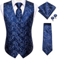 Hi-Tie Navy Blue Mens Vest Formal Paisley Waistcoat Jacket Tie Handkerchief Cufflinks Set For Male Dress Suit Wedding Party