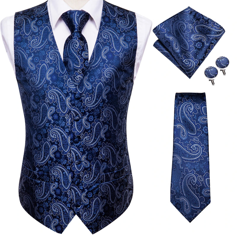 Hi-Tie Navy Blue Mens Vest Formal Paisley Waistcoat Jacket Tie Handkerchief Cufflinks Set For Male Dress Suit Wedding Party