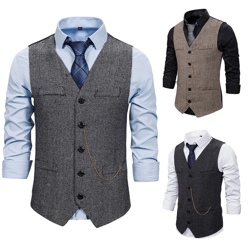 Men Suit Vest Chain Waistcoat Business Wedding V Neck Collar Casual Men's Dress Male Blazer Vests Formal Party Fashion Vest V14