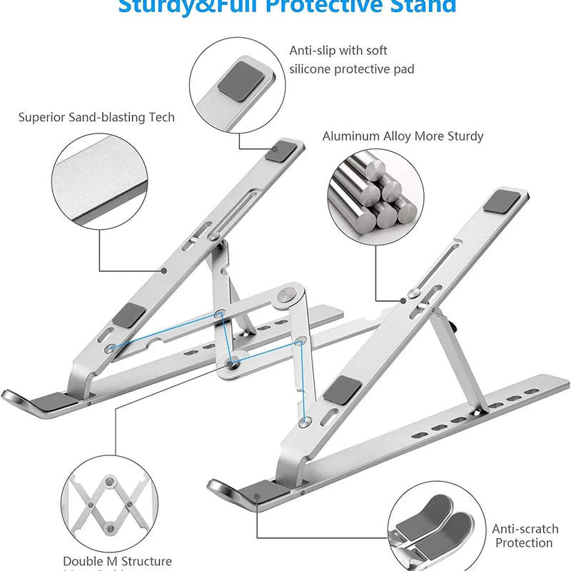 Foldable Aluminum Laptop Stand, 7-Level Adjustable Height, Anti-Slip Silicone Pads, Portable for 10-15.6 Inch Laptops & Tablets