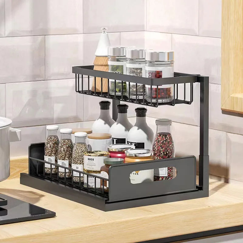 2 - Tier Pull - Out Under Sink Organizer Multi - purpose Plastic Storage Shelf Slide - Cabinet for Kitchen - View 2 | SAMAG