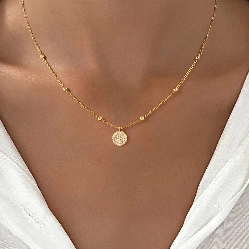925 Sterling Silver Fashion Shiny Round Beads Halo Zircon Necklace For Women Engagement Wedding Fine - Visuel 6 | SAMAG
