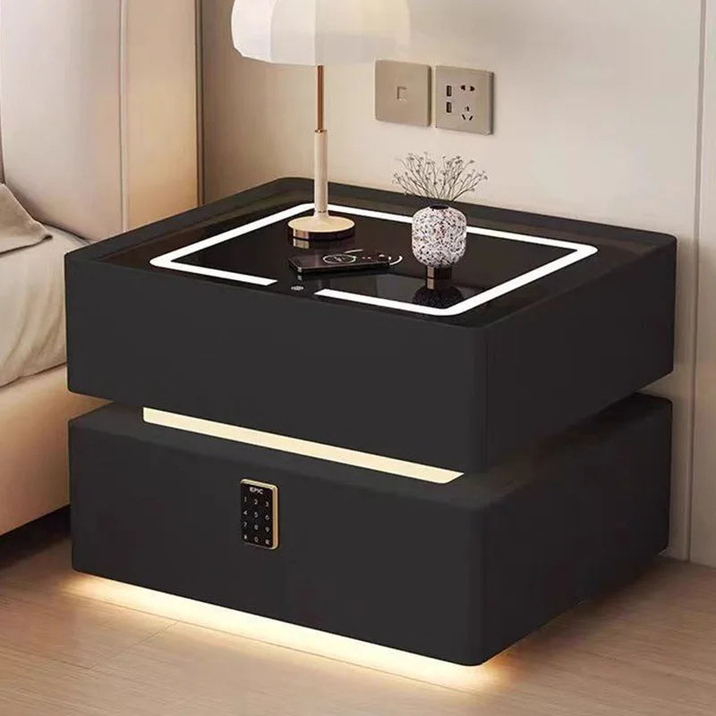 Modern Style Solid Wood Bedside Table with Wireless Charging Smart 2 Drawers Bedroom Nightstands with Lock 40/45/50cm