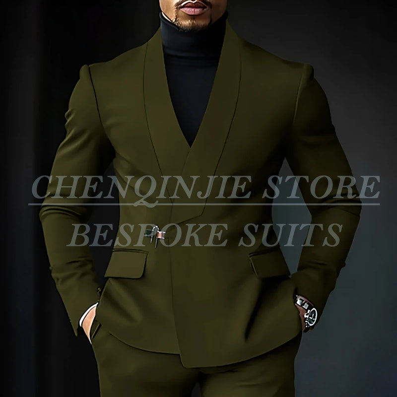Chic Shawl Lapel Green Suits for Men High Quality Slim Fit Wedding Costume Homme Customized 2 Piece Jacket Pants Outfits Terno