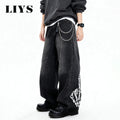 Men's Black Skull Finger Print Baggy Wide Leg Jeans | SAMAG