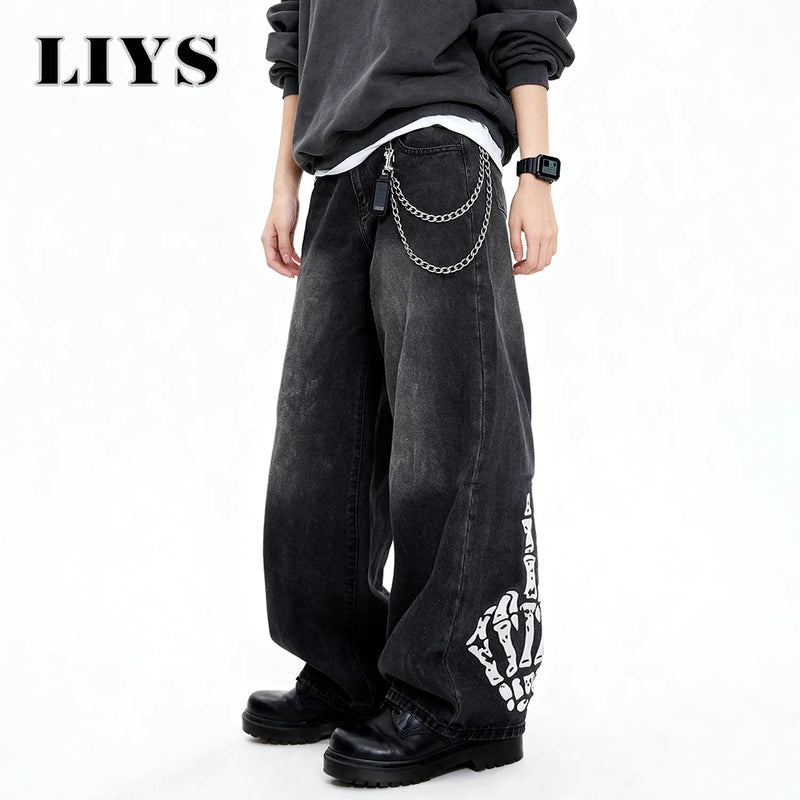 Men's Black Skull Finger Print Baggy Wide Leg Jeans | SAMAG
