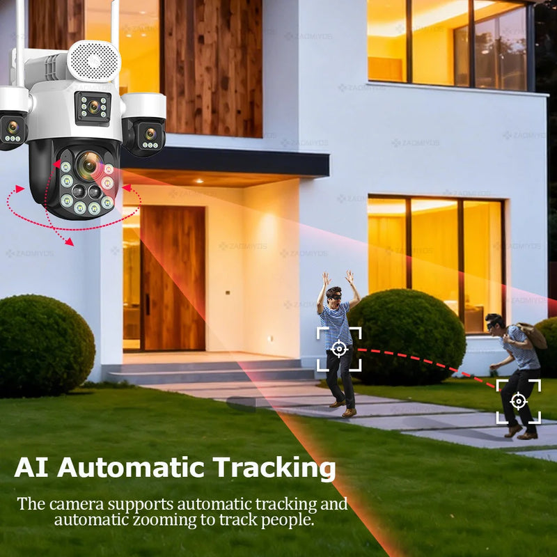 4 Lens Outdoor 360° Surveillance Solar Camera 20MP 60X Optical Zoom 4G SIM Home Security PTZ Auto Track AOV 24/7 Record CCTV Cam