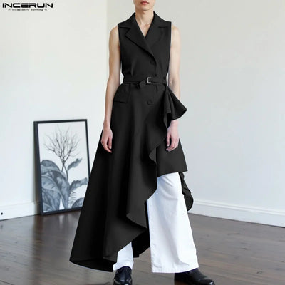 INCERUN Men Vests Solid Lapel Sleeveless Irregular Ruffle | SAMAG