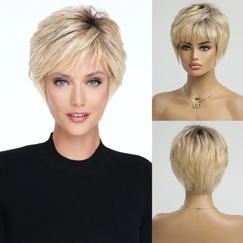 Short Ombre Blonde 100% Human Hair Wigs for Women Afro Remy Wig with Bang Pixie Cut Layered Human Hair Machine Made Women Wigs