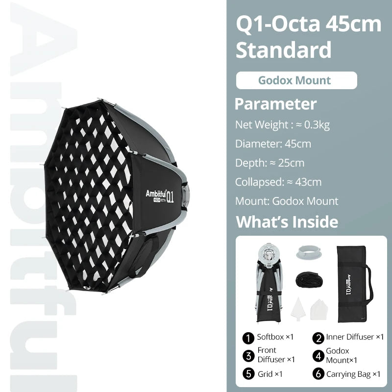 AMBITFUL Q1 Mini Bowens / GODOX Mount 30cm 45cm Octa Softbox 20*55cm Strip Softbox 30cm Softball 45cm Bounce Softbox For GODOX