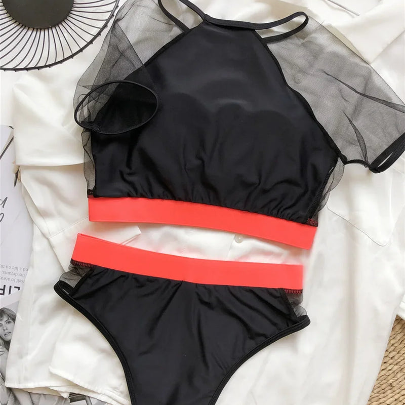 Sexy Mesh Tankini Patchwork High Waist Swimsuit O-neck | SAMAG