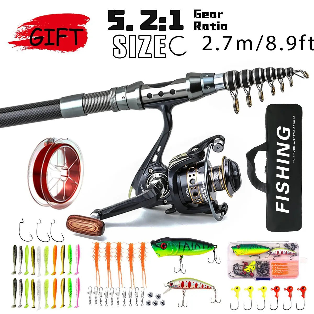 Carbon Fiber Telescopic Fishing Rod Reel Combo Full Kit With Simulated Lures Portable Travel Sea Fishing Set For Freshwater Salt
