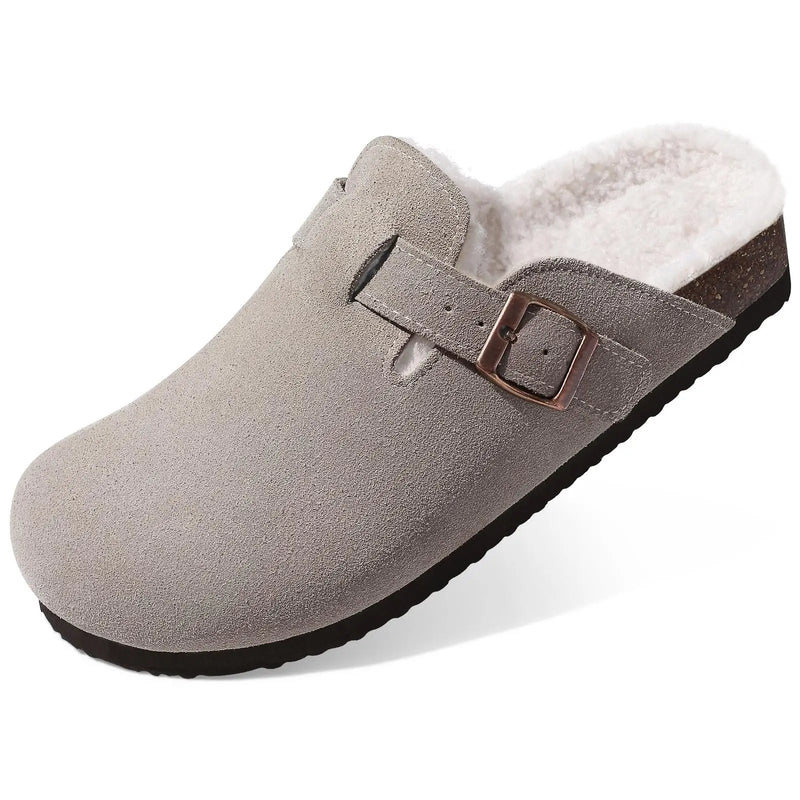 Evshine Winter Fur Clogs Slippers For Women Men Cork Footbed Plush Lined Mules Fuzzy Suede Potato Shoes Warm Furry House Clogs