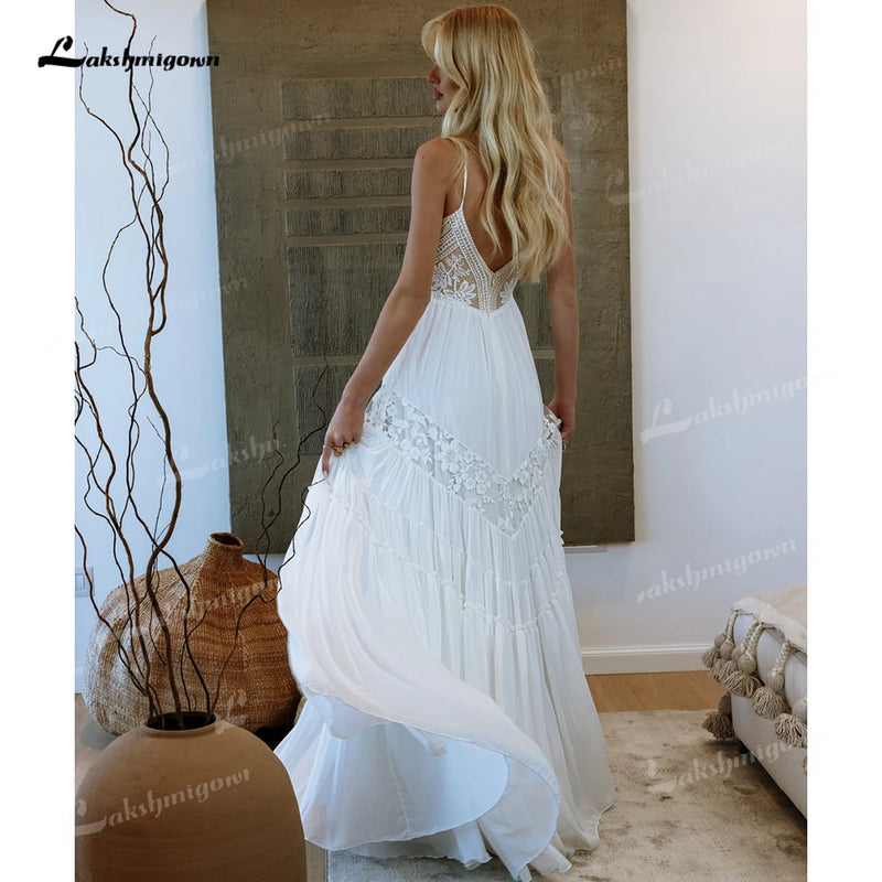 Romantic Thin Strap V Lace Boho Wedding Dress Chiffon - View 3 | SAMAG